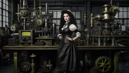 woman with dark wavy hair, with detailed metallic legs and arms, dressed like a Victorian, in a laboratory full of small machines