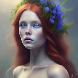 Perfect flawless Beautiful red-haired girl with gorgeous long curly hair and blue eyes in a wreath of hyper-realistic Rowan on her head, no mistakes, flawless painting, beautiful art, realistic, hyper-realistic, life-like; by Ricardo Chavez-Mendez; Deep Colors; 8K