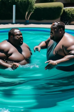 two obese black men fighting in a swimming pool