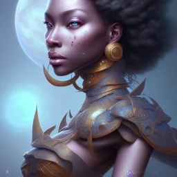 sango fantasy, fantasy magic, intricate, sharp focus, illustration, highly detailed, digital painting, concept art, matte, masterpiece head sexy view black African beauty black afro hair space lady blue carp skin African space night