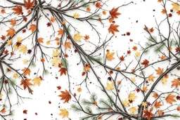 detailed Real Tree Camouflage made of bare branches, fir branches, dried maple leaves, snow and dirt, white background, seamless repeatable texture camo pattern, muted color