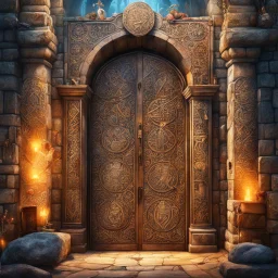 Massive stone door with lots of engraved magical symbols that is the entrance to a hidden magical market. Magical smoke. Harry Potter. Magical. Epic. Dramatic, highly detailed, digital painting, masterpiece