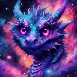 close up adorable cosmic dragon made of nebula, huge beautiful puple glowing eyes, double exposure, galaxy background with constellations vaporwave aesthetic, liquid, ink, splatter, splash, nightly auroric background, masterpiece intricately detailed 8k resolution maximalist, liquid fluid painting, watercolor art, calligraphy, action painting, complex, fantastical, dramatic flow, vibrant brush strokes, elegant regal powerful