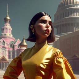 Full body, 3d render, dua lipa, 1800's women style, 1800's hair style, 1800's women clothes style, hyper realistic, octane render, unreal engine 5, 8k, palace background, uhd