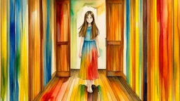 watercolor painting, A young woman with long brown hair wearing a colorful dress standing in a wooden hallway with vertical slat walls and a tiled floor, creative, detailed brush stroke, minimal spalsh