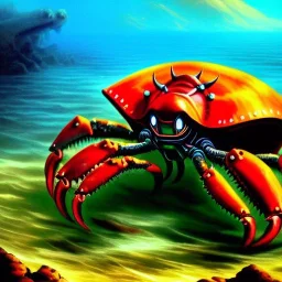 ultra detailed fullbody Drawing of Mecha Sea monster Gigantic RED Alien Crab on the shore ,open mouth, with sharp teeth, with glowing Green eyes, with humungus mechanical pincers, extremely detailed digital painting, intrincate, extremely detailed face,crystal clear Big eyes, in the style of Frank Frazetta, mystical colors , perfectly centered image, perfect composition, rim light, beautiful lighting, 8k, stunning scene, raytracing