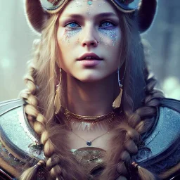 long haired viking, A detailed portrait of a beautiful woman, facial war paint detail, ambient detail, depth of field, crystalized complimentary colors, warrior, atmospheric, realistic, unreal engine, lighting, octane render, proportional,