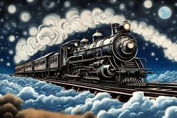 Vintage poster a painting of a old steam train traveling through the night sky, starry-night, mind-bending digital art, anime artwork, slicing the air. pop surrealism, dmt waves, a painting of white silver, realistic sky, artstatiom, extended art, swirly, endless night, crossing the blue horizon. hyperrealism mixed with 2d, Bold colors, Stylized portraits, Famous faces, Pop art still life, Pop art landscapes. delicate face, facial details, confident soft impressionist perfect composition, Shar