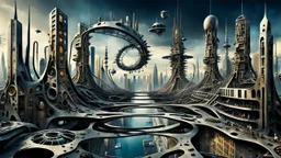 a stunningly weird image of a futuristic metropolis using Salvador Dali's paranoiac-critical method, where buildings and structures appear to melt into the skyline cityscape is filled with floating mad, twisted sharp metal shapes that interact with the buildings and each other, forming a surreal tableau of a dreamlike reality. neu-steampunk vibe, essence of the scene in a cinematic manner, with dramatic shadows that enhance the distorted perspectives and bizarre