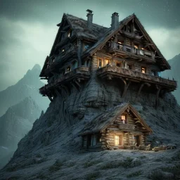 Scary mountain hut, sense of fear, Alps, night sky, 8k, HD, cinematography, photorealistic, Cinematic, Color Grading, Ultra-Wide Angle, Depth of Field, hyper-detailed, beautifully color-coded, insane details, intricate details, beautifully color graded, Cinematic, Color Grading, Editorial Photography, Depth of Field, DOF, Tilt Blur, White Balance, 32k, Super-Resolution, Megapixel, ProPhoto RGB, VR, Halfrear Lighting, Backlight, Natural Lighting, Incandes