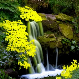 A small waterfall surrounded with yellow flowers and bushes