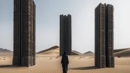 Person dressed in a burqa walks between rectangular towers of different heights in a desolate desert landscape.