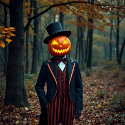 Pumpkin king in 1920s suit in an autumn forest