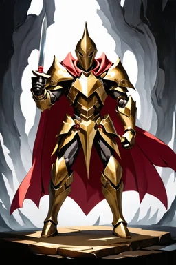 holy knight paladin in darkly gold armor and a cape wielding a sword in abyss