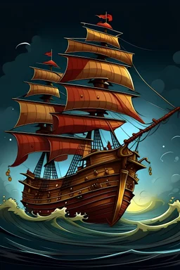 cartoony pirate ship in a storm