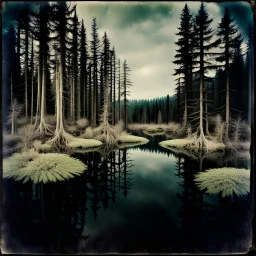 Sublime foto close-up polaroid ad alta definizione di una foresta di conifere falsa, strani mostri, un lago falso, surreale, collage art, dadaism, sublime, splimapys nero, cielo nero, acqua nera riflette un sole nero, macabre piante circondano il lago, alghe, hypermaximalist, Max Ernst style, strangeness, intricate, hypnotic, obsessive, 8k, deep 3d field, very accentuated details of the rocks, eerie, artistic photo, large format film, medium format film