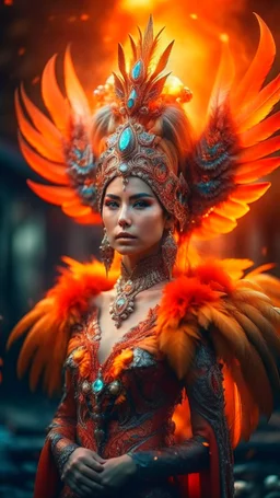 half body wide angle RAW photo, fire queen queen wearing luxurious and ornate clothing, fully covered, opals and floral embellishments, fractal wing texture, winter landscape in the background, beautiful women indonesia face, high detailed skin, phoenix, fire, 8k uhd, dslr, soft lighting, high quality, film grain