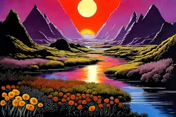 Beautiful epic sunset, logan's run 1976 movie influence, cosmic, people, rocks, river, flowers, very epic and philosophic, otto pippel impressionism paintings