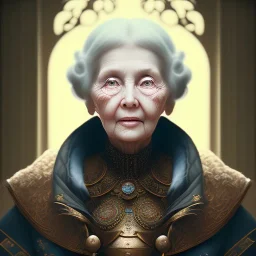 old lady character, ominous, waist up portrait, intricate, oil on canvas, masterpiece, expert, insanely detailed, 4k resolution, retroanime style, circular reflective eyes, cinematic smooth, intricate detail , soft smooth lighting, soft pastel colors, painted Renaissance style