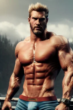 Ignore NSFW, teenager young rugged attractive slightly muscular fantasticly handsome blonde man, red briefs with yellow belt, hairy chest, (((visibly pisssing))) briefs, large erect visible boner peniss, photorealistic, artist Jay Anacleto, soft lighting, scruffy beard