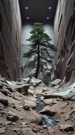 Photograph, NO PEOPLE, a mass of terrain, giant museum space, tree, high walls, high peak in a room, rag, powder, brook, sediments, deflagration of the background, geological formation, light, architecture, minimalist, details of the terrain very accentuated, 8k, deep 3d field, sharp, brutalist, hasselblad h6d400c --ar 85:128 --v 6.0