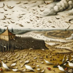 A white sky with birds and a tornado painted by Pieter Bruegel the Elder