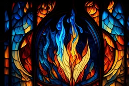 There are blue flame and orange flame, stained glass, flame