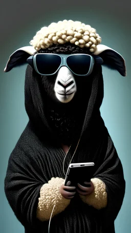 sheep wearing black bisht and holding a phone And wears sunglasses and headphones