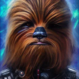 photorealistic and intricate portrait of chewbacca in star wars by Agnes Cecile, steampunk colors, hyperdetailed, 32K, oil on canvas,