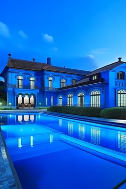 blue mansion with a huge infinity pool and lambergeaney