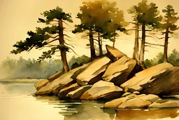 Rocks, trees, lake, winslow homer watercolor paintings