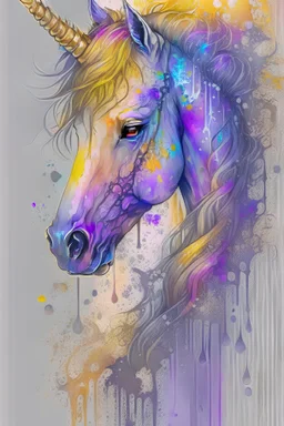 watercolor on transparent background paper, chromatic, zoom, very sharp, splash of colors on a white background, Mixed colors, Sharp detailed unicorn with full body, half robot, details on eye, a detailed golden black sunset fire style, Beach with light purple water, graffiti elements, powerful zen composition, dripping technique, & the artist has used bright, clean elegant, with blunt brown, 4k, detailed –n 9, ink flourishes, liquid fire, clean white background, zoom in,