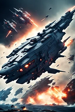 futuristic 4 space battleship fighting in brutal battlefield with 4 alien spacebattleship