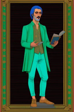 Modern guy, 20s, holding "ipad" in left hand, looks like a renaissance painting, walking forward, full body, "persian green", "right hand in pocket". "Front facing" "forward view"