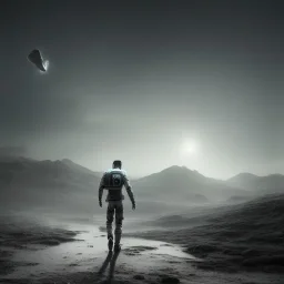 one human walking into the space, 8k, finely detailed, photo realistic, space, black hole, anatomically perfect face, dark moody night atmosphere, infinity