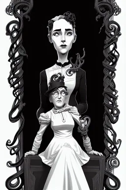 black and white old victorian couple portrait, woman sitting, tentacles beneath the woman's dress