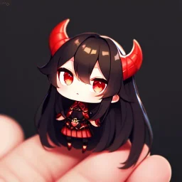 Clear focus,High resolution,High quality, Black long hair, Red eyes, Red horns, chibi