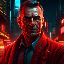 Generate a detailed and realistic portrait of the deputy mayor of Night City in Cyberpunk Red. The character is a middle-aged, authoritative figure with a no-nonsense demeanor. They have distinct cybernetic enhancements, reflecting their high status in the city. The deputy mayor should exude a sense of power and wear sleek, futuristic attire befitting their political role. Ensure that the background complements the cyberpunk aesthetic of Night City, with a blend of neon lights, skyscrapers, and