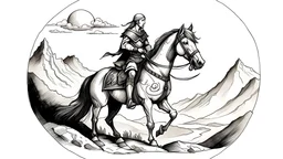 Khnight on horse with shield and sword in hand in mountains, sketch