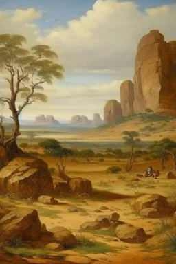 A brown savanna with block shaped rocks painted by Albrecht Durer