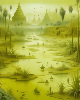 A light yellowish green swamp with bugs in daylight designed in ancient Egyptian hieroglyphics painted by Zhang Lu