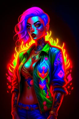 full body colorful tattooed portrait of a female model with colorful hair, Vibrant colors, Neon lighting, Intricate details, Digital painting, Artstation, glowing tattoos, Sharp focus, Illustration, art by audrey benjaminsen and lois van baarle and artgerm and mandy jurgens, Dystopian, cyberpunk