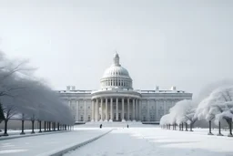 Make the US Capitol look very realistic, Washington DC on a snowy day, futuristic, white, dreamy, highly detailed 8k