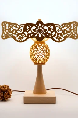 Create a product table lamp inspired by nyonya kebaya in wood material process laser cutting in off white background