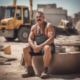 photography of a marocan ugly burly serious wet sweaty, beefy strong fat carpenter, shirtless, in overall, bulge, manly chest, big salt-and-pepper mustache 50 years old, short hair, sitting with open legs on a little chair , on a construction site in the middle of a road, under the August sun, emotional eyes, , hyper-realistic, photorealistic , frontal view from the ground