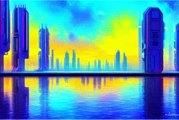 Science fiction Cyberpunk buildings, exoplanet, lake, impressionism painting