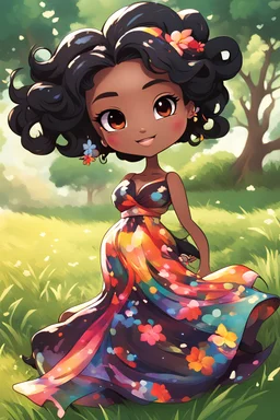 An abstract art image of a chibi black cartoon of a curvaceous woman with flowing black hair twisted up, wearing a colorful maxi dress. She sits relaxed on the grass facing the warm sunlight, which illuminates her face as she looks to the side with a small smile, accentuating her prominent makeup and brown eyes.