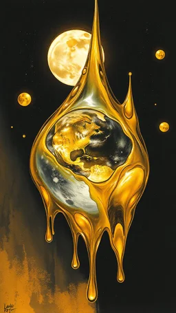 art illustration in the style of Luis Royo, large droplets of viscous and syrupy fluid, burnished jade, planet earth in crystal shape with the golden sun and crystal white transparent moon , golden yellow, ink black