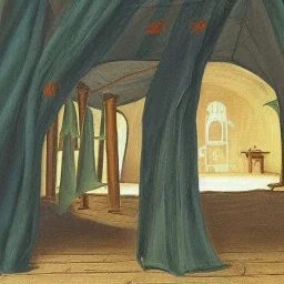 mystical painting of an inside view of an old medieval tent with a little opening in canopy