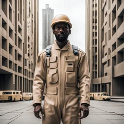 Brutalist city with citizen in beige coveralls uniform